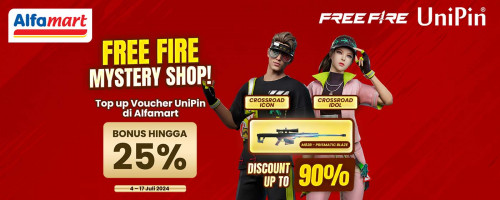 Mainkan Mystery Shop - Dapatkan Diskon hingga 90% + Cashback hingga 25% UniPin Credits Top Up FF Pakai Voucher UniPin dari Alfamart!